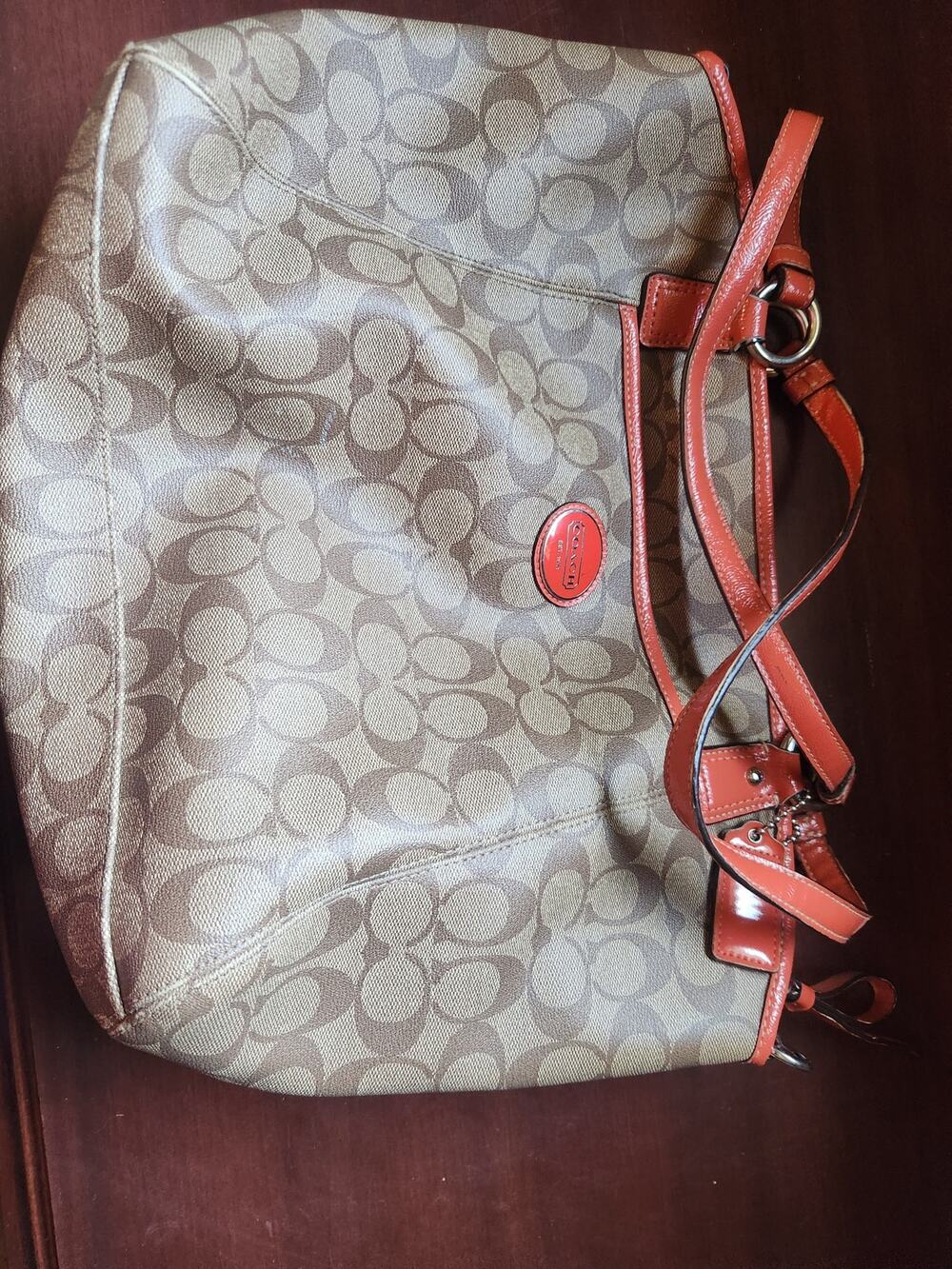 Coach Signature Tan Coated Canvas Tote Bag Coral Trim